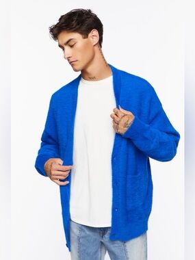 Forever 21 Men’s Electric Blue Fuzzy Knit Cardigan Sweater, size XL